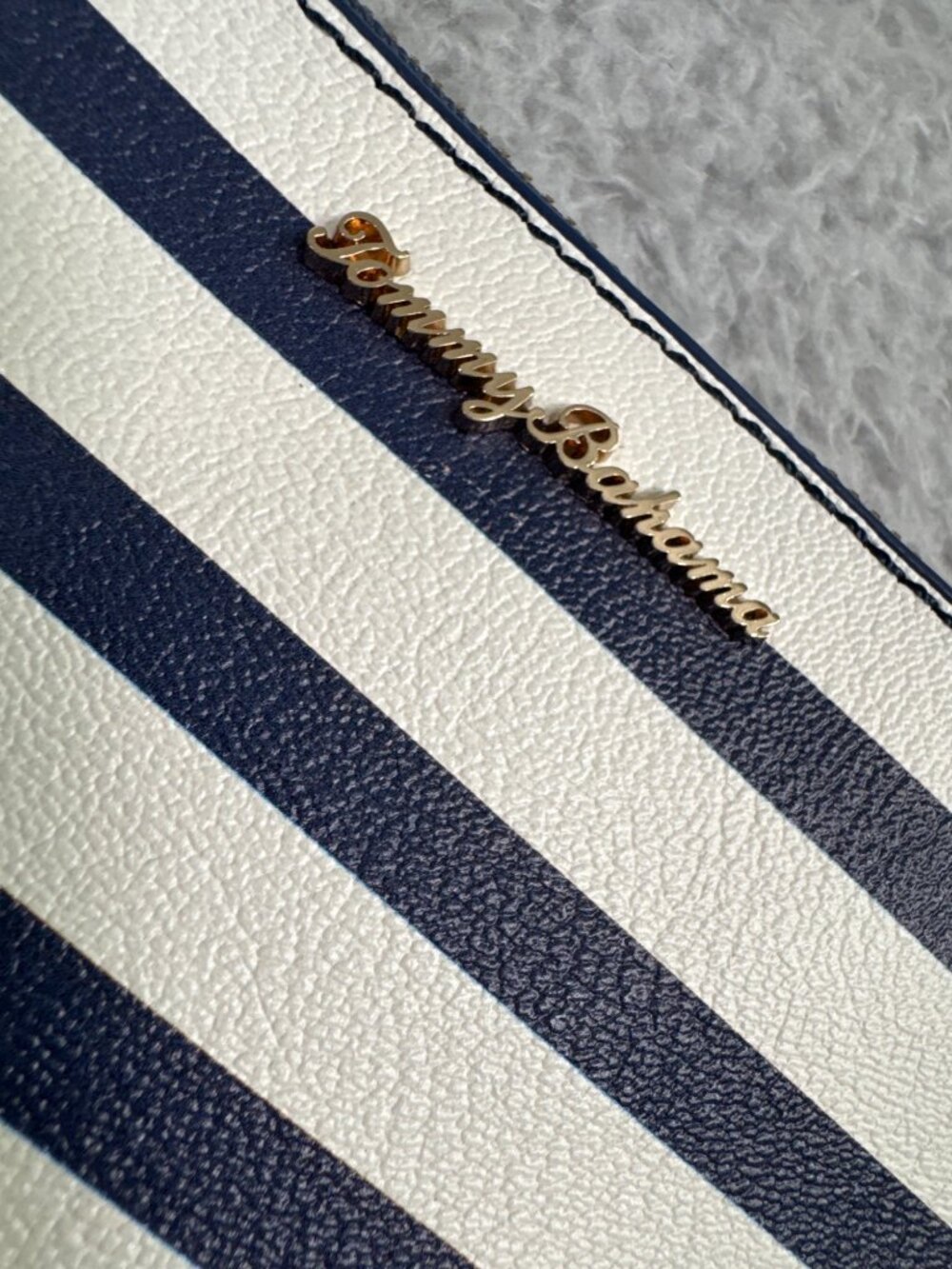 Tommy Bahama Floral Stripe Tote W/Pouch Navy White Faux Leather Travel Beach 90s - Picture 7 of 16